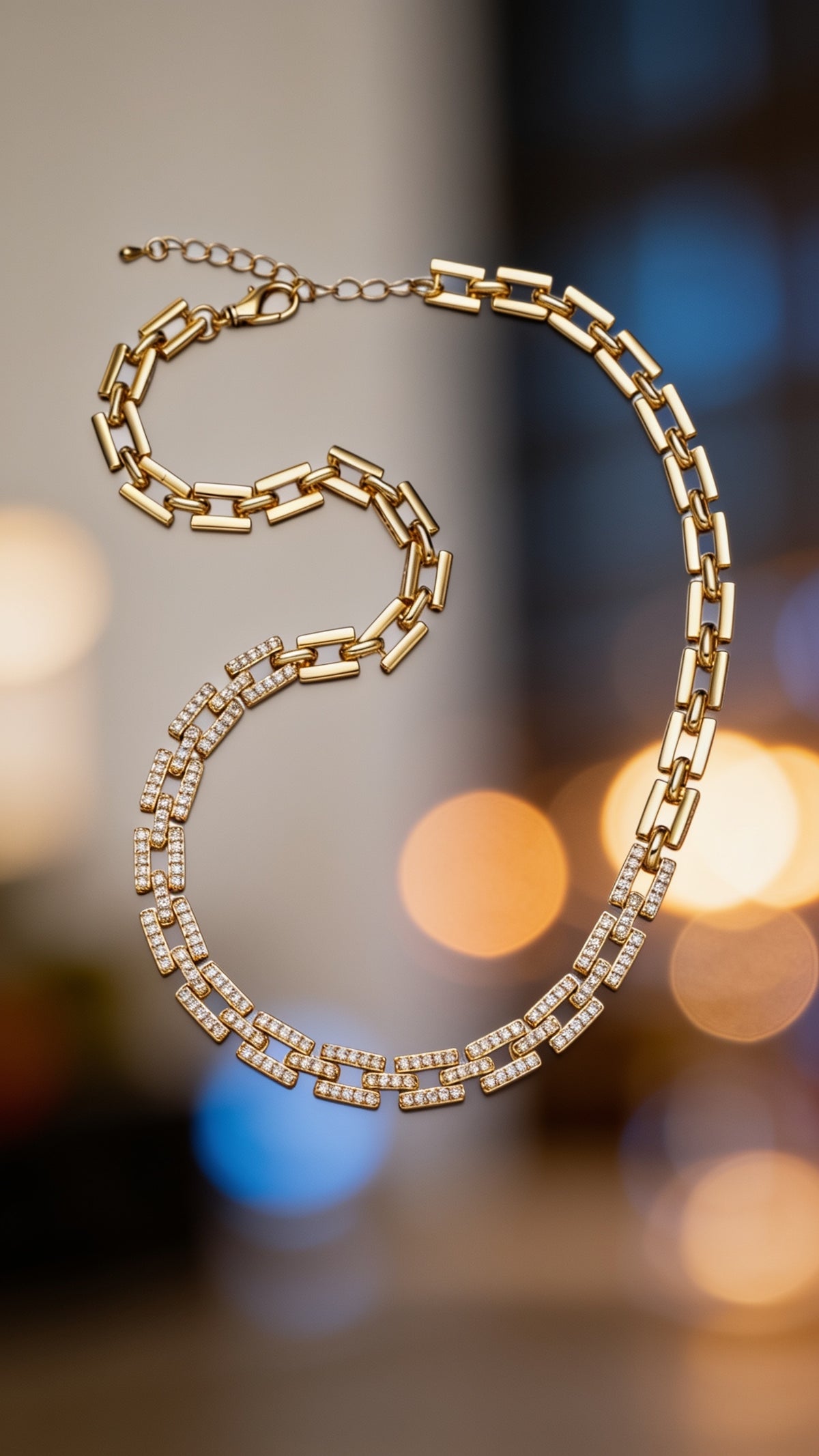 Stunning 24K Gold Filled 7.5mm Half Micro Paved CZ Boxy Paperclip Link 17 Inch Chain Necklace in Silver and Gold