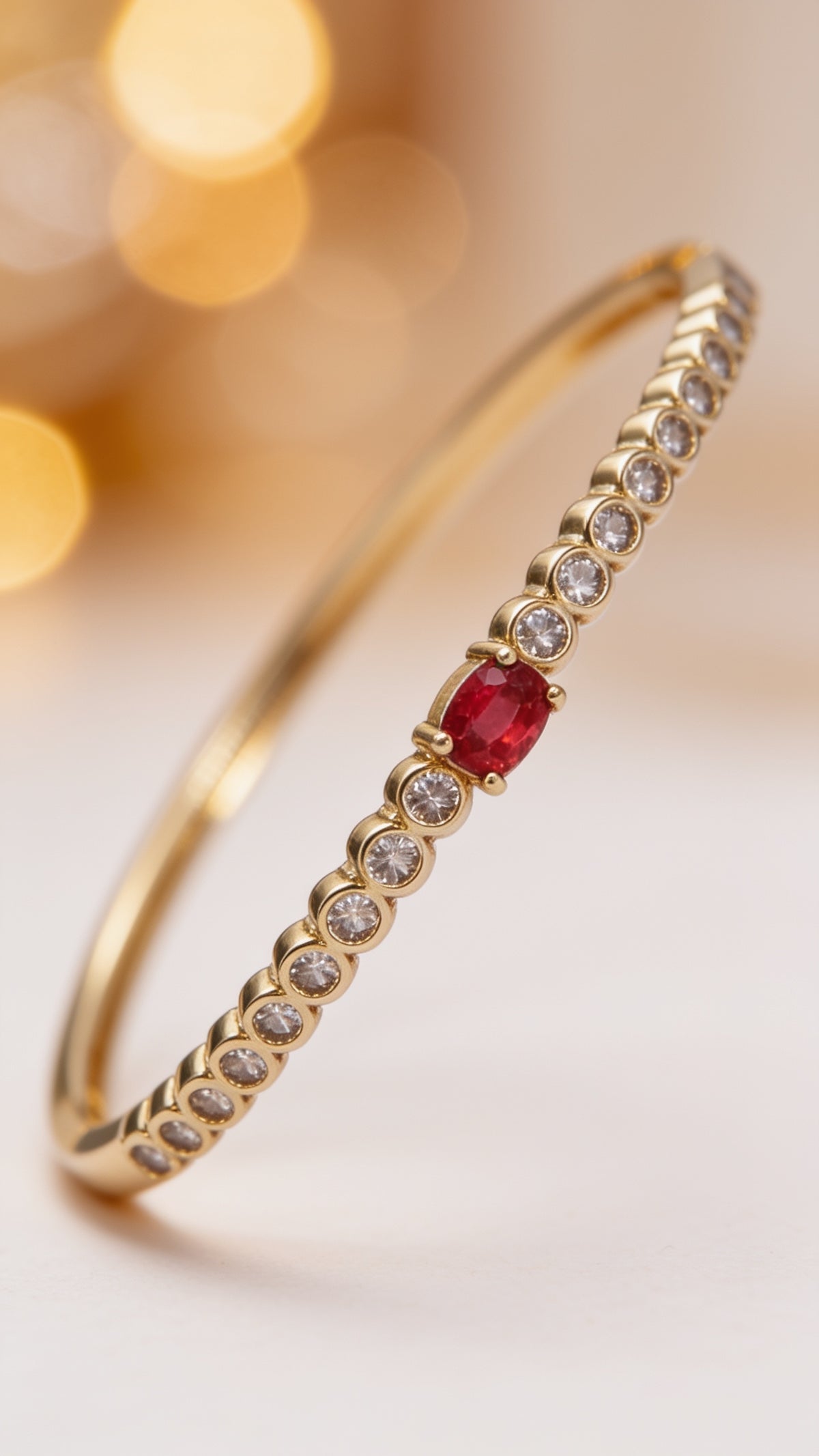 Stunning Gold-Filled Red Oval CZ Round Clear Bezel Hinge Bangle Bracelet
