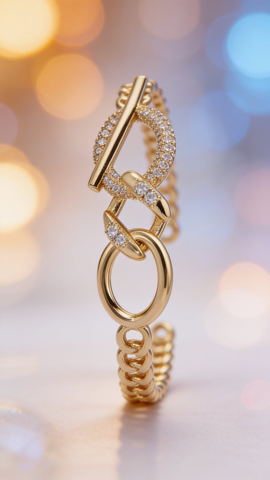 Beautiful Gold-Filled Micro Pave CZ Oval Bar Curb Cuff Bangle Bracelet in Gold