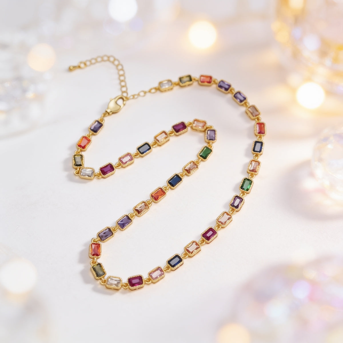 24K Gold Filled Multicolor CZ Baguette 15.5 Inch Necklace