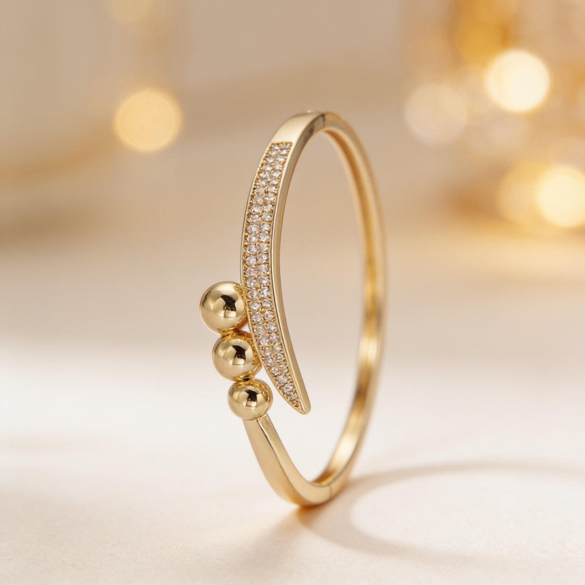 Clear Micro Pave CZ Rounded Beaded Bubble Ball Bangle Bracelet in Gold