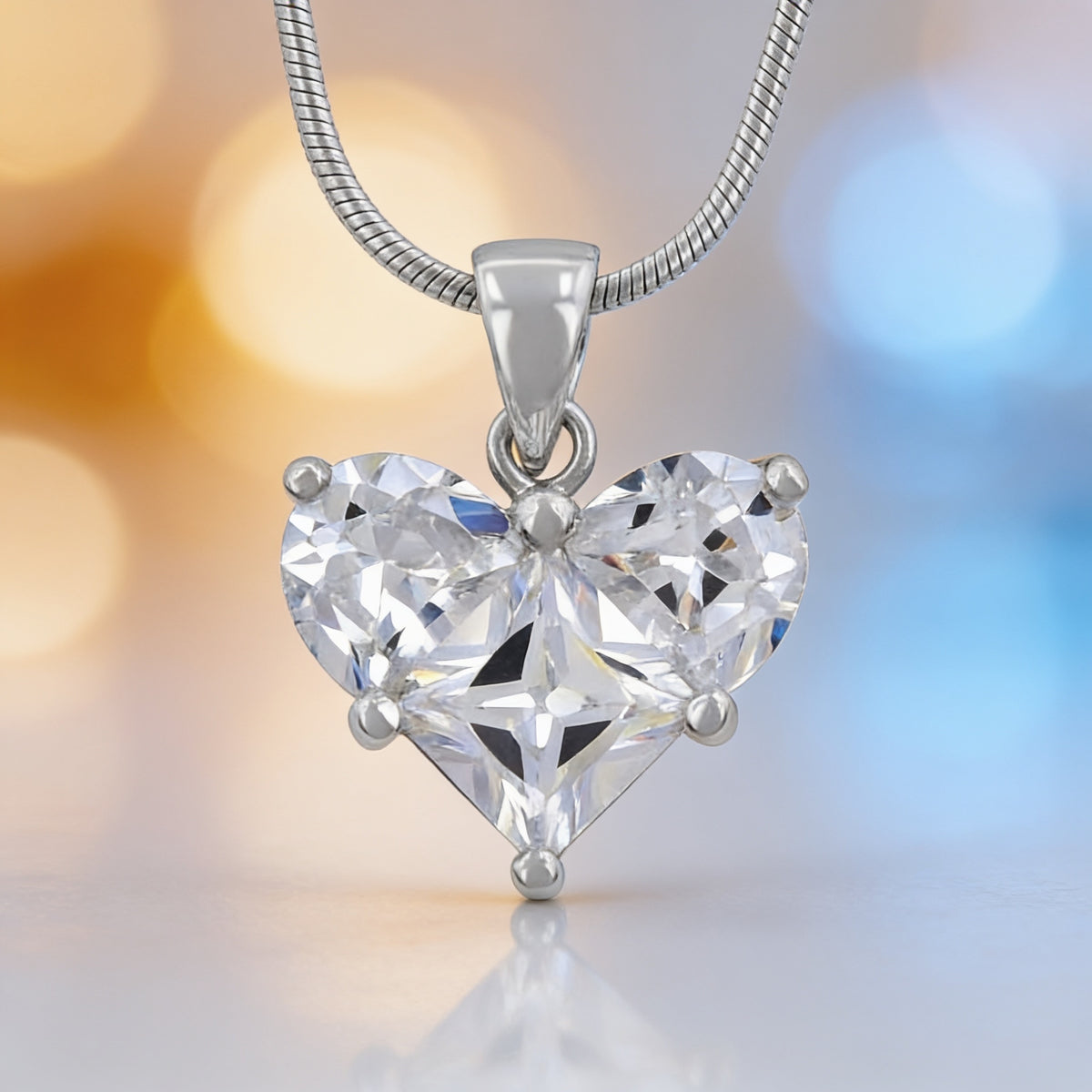 Classic 4ct Clear CZ Heart Pendant Rhodium Plated Necklace
