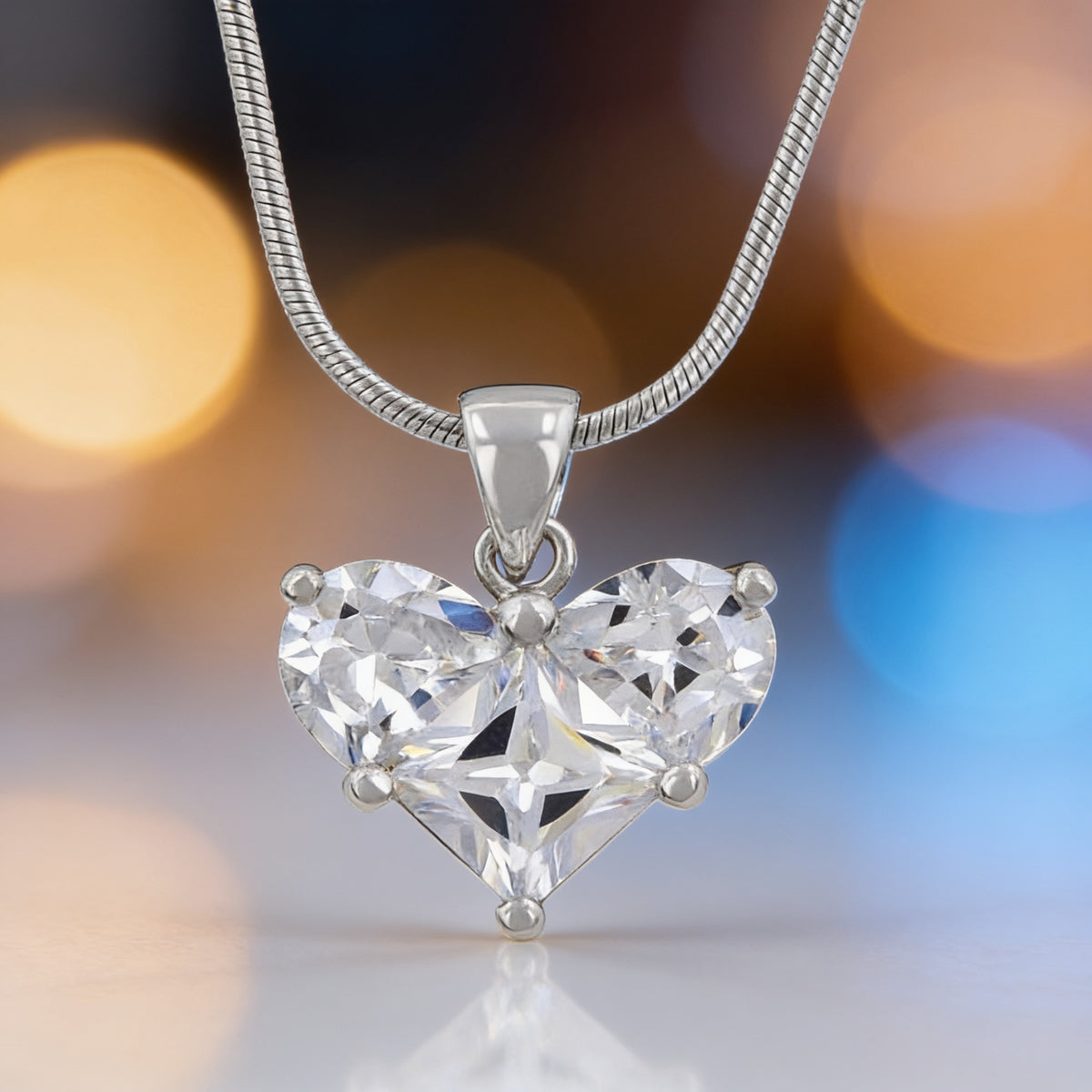 Classic 4ct Clear CZ Heart Pendant Rhodium Plated Necklace