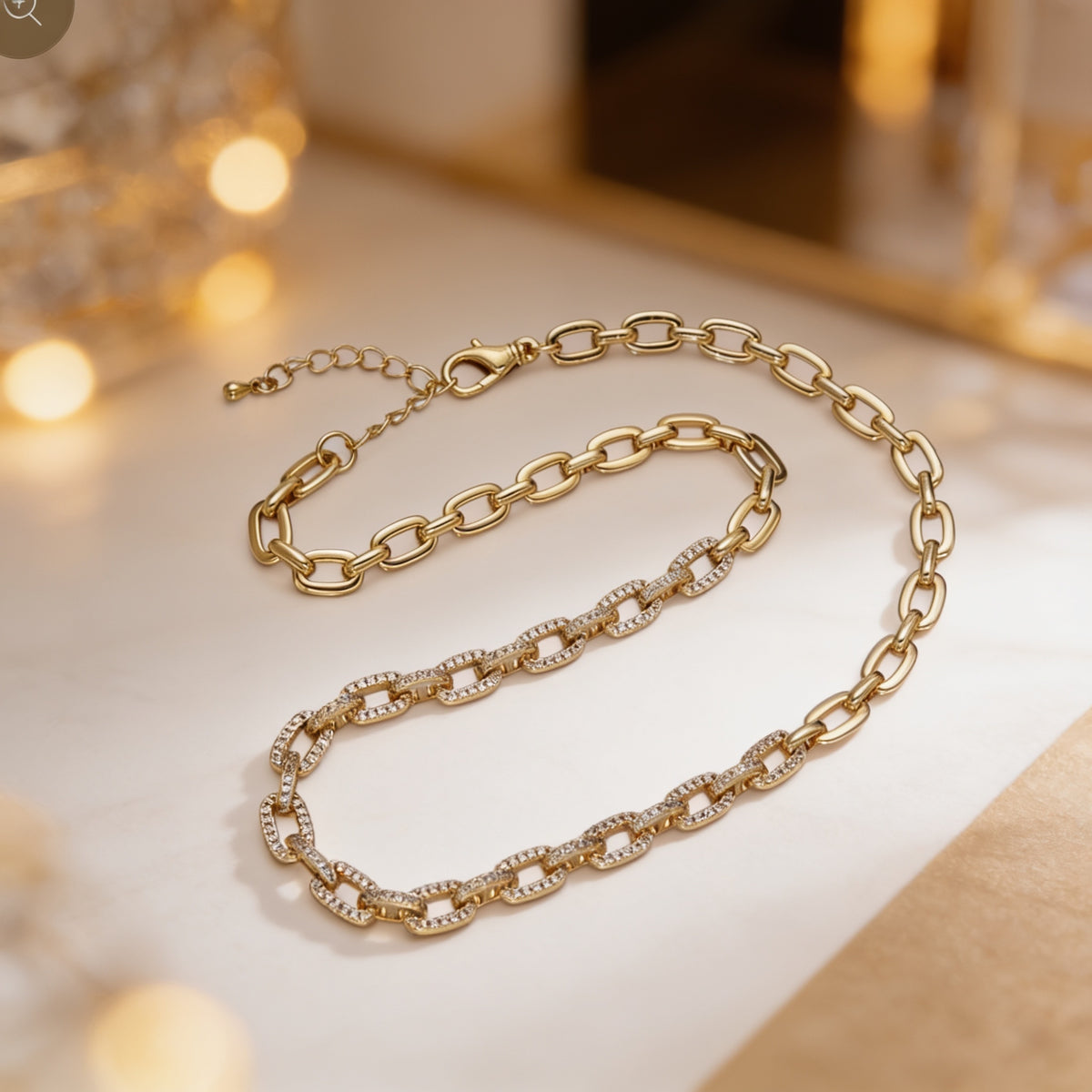 Gorgeous 24K Gold-Filled 6.5mm Half Micro Pave CZ Paperclip 17 Inch Chain Necklace in Gold or Silver