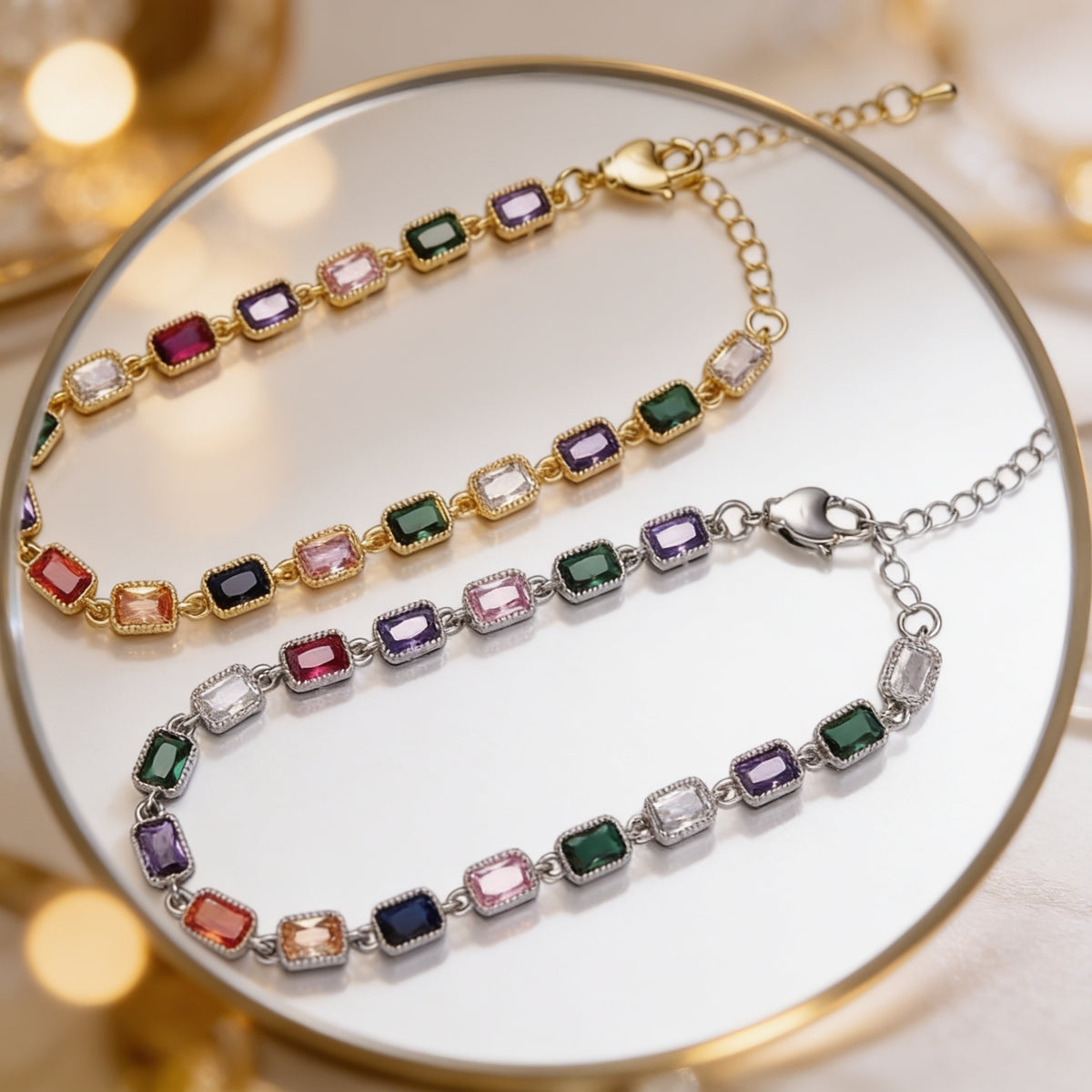 Gorgeous 14K Gold-Filled CZ Multicolor Baguette Bezel 7 Inch Bracelet in Gold or Silver