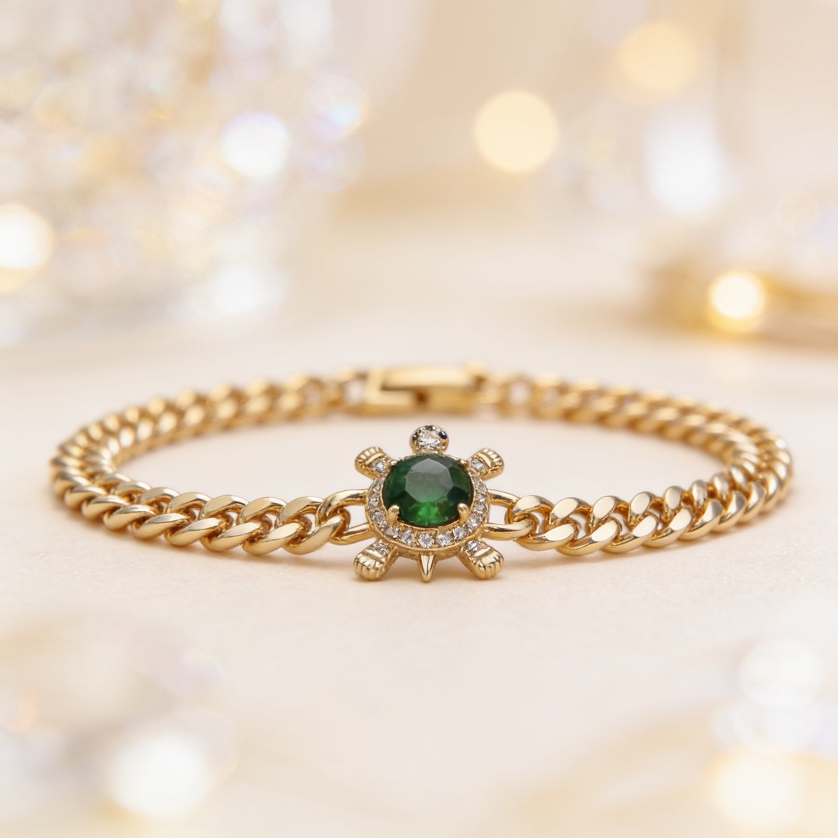 24K Gold Filled Sea Turtle Micro Pave Cubic Zirconia Curb Bracelet