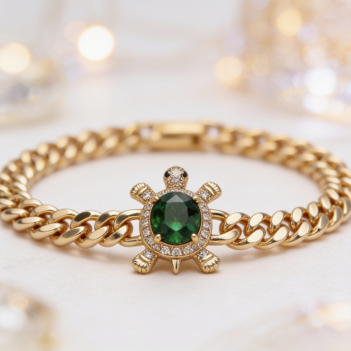 24K Gold Filled Sea Turtle Micro Pave Cubic Zirconia Curb Bracelet