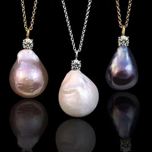 Unique Cubic Zirconia Genuine Baroque Pearl Sterling Silver Pendant Necklace