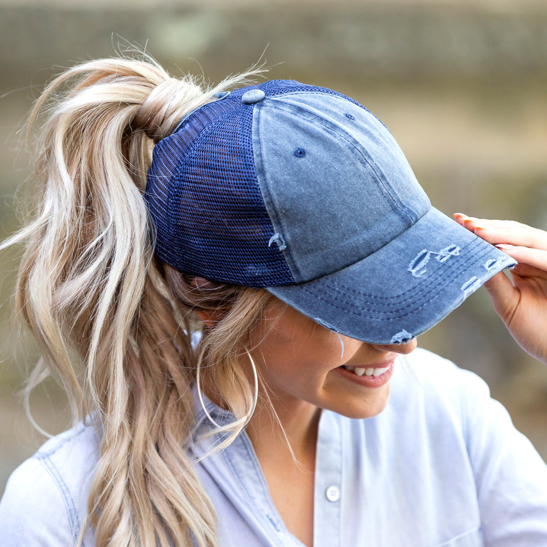 Distressed Messy Bun Ball Cap
