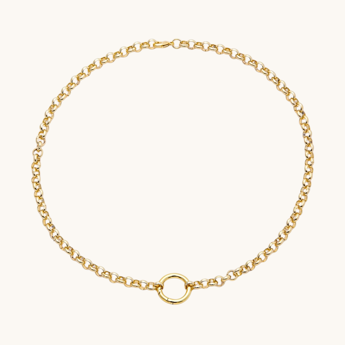 Tessa Vera 16K gold filled rolo chain necklace featuring a 6mm push gate charm connector ring on a white background.