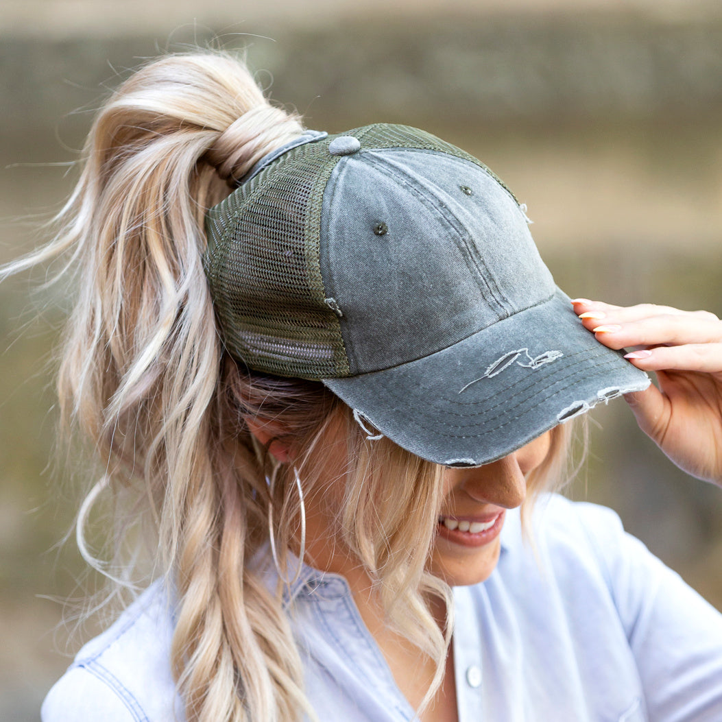 Distressed Messy Bun Ball Cap