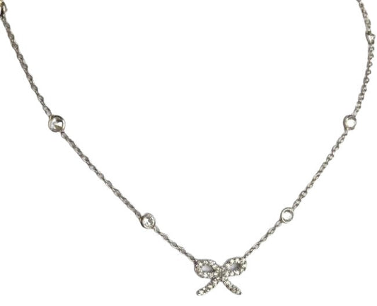 Friendship Bow Knot Cubic Zirconia Sterling Silver Stations Necklace