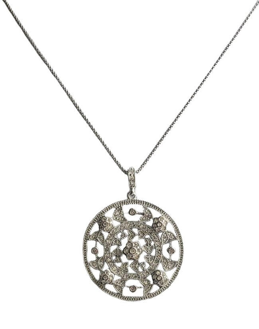 Unique Round Flower Cubic Zirconia Medallion Sterling Silver Pendant Necklace