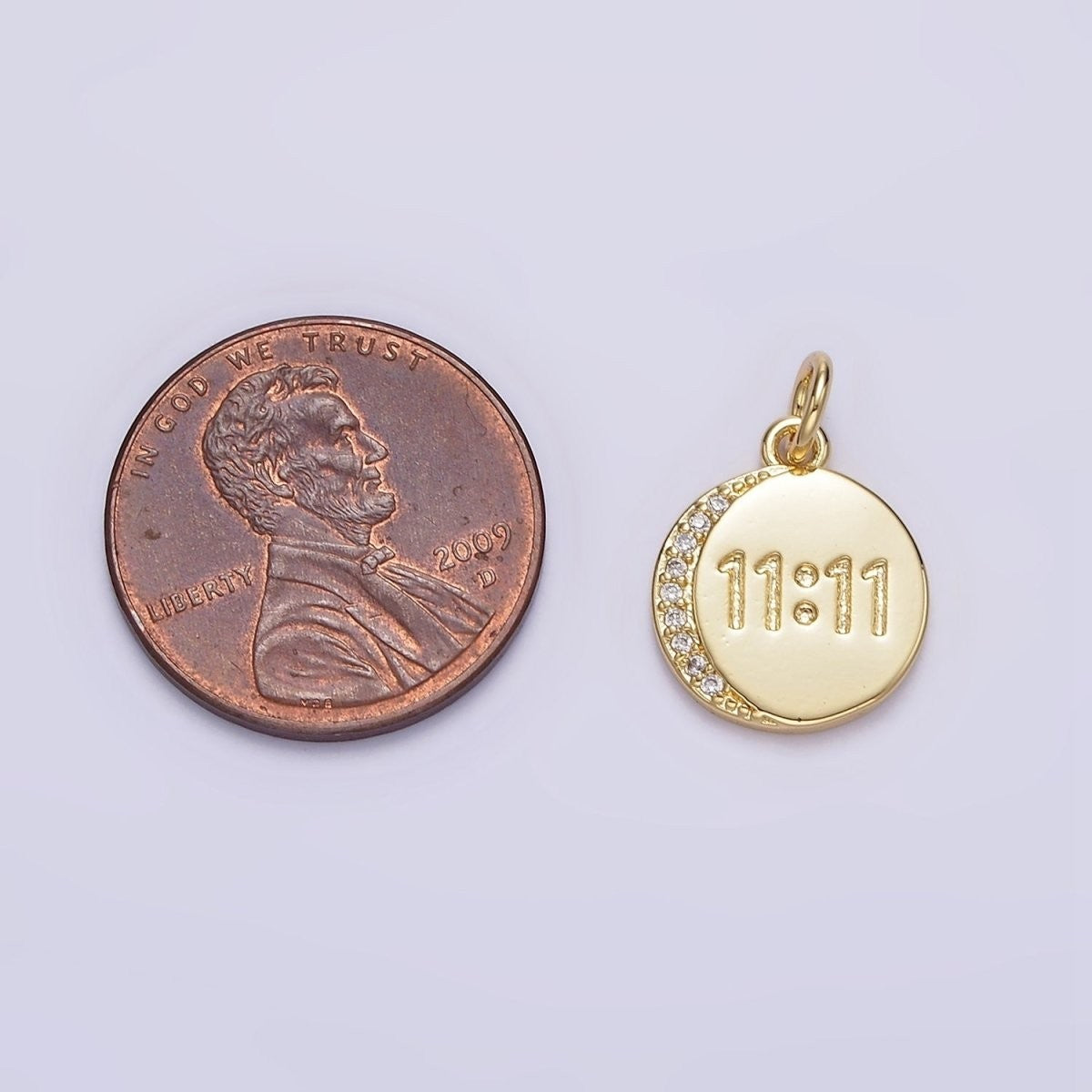 Tiny 14K Gold Filled "11:11" Number Engraved Micro Pave CZ Crescent Moon Round Charm