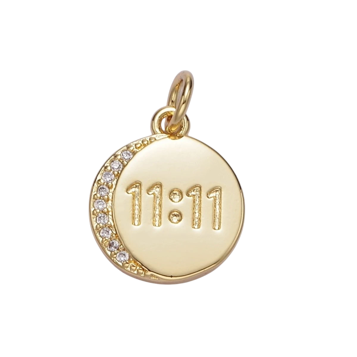 Tiny 14K Gold Filled "11:11" Number Engraved Micro Pave CZ Crescent Moon Round Charm