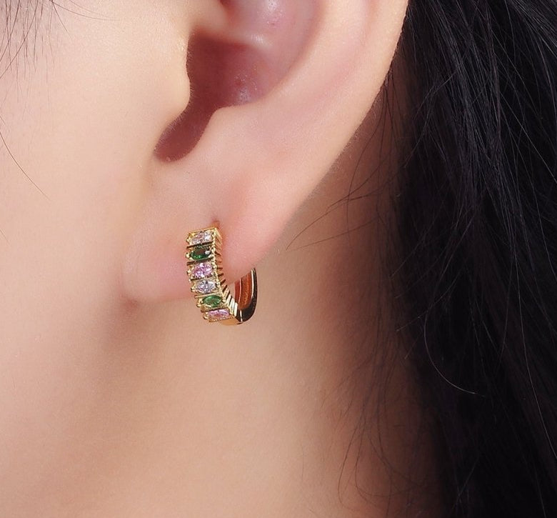 Dainty 14K Gold Filled 13mm Multicolor Marquise CZ Lined Huggie Earrings