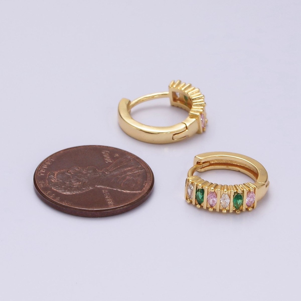 Dainty 14K Gold Filled 13mm Multicolor Marquise CZ Lined Huggie Earrings