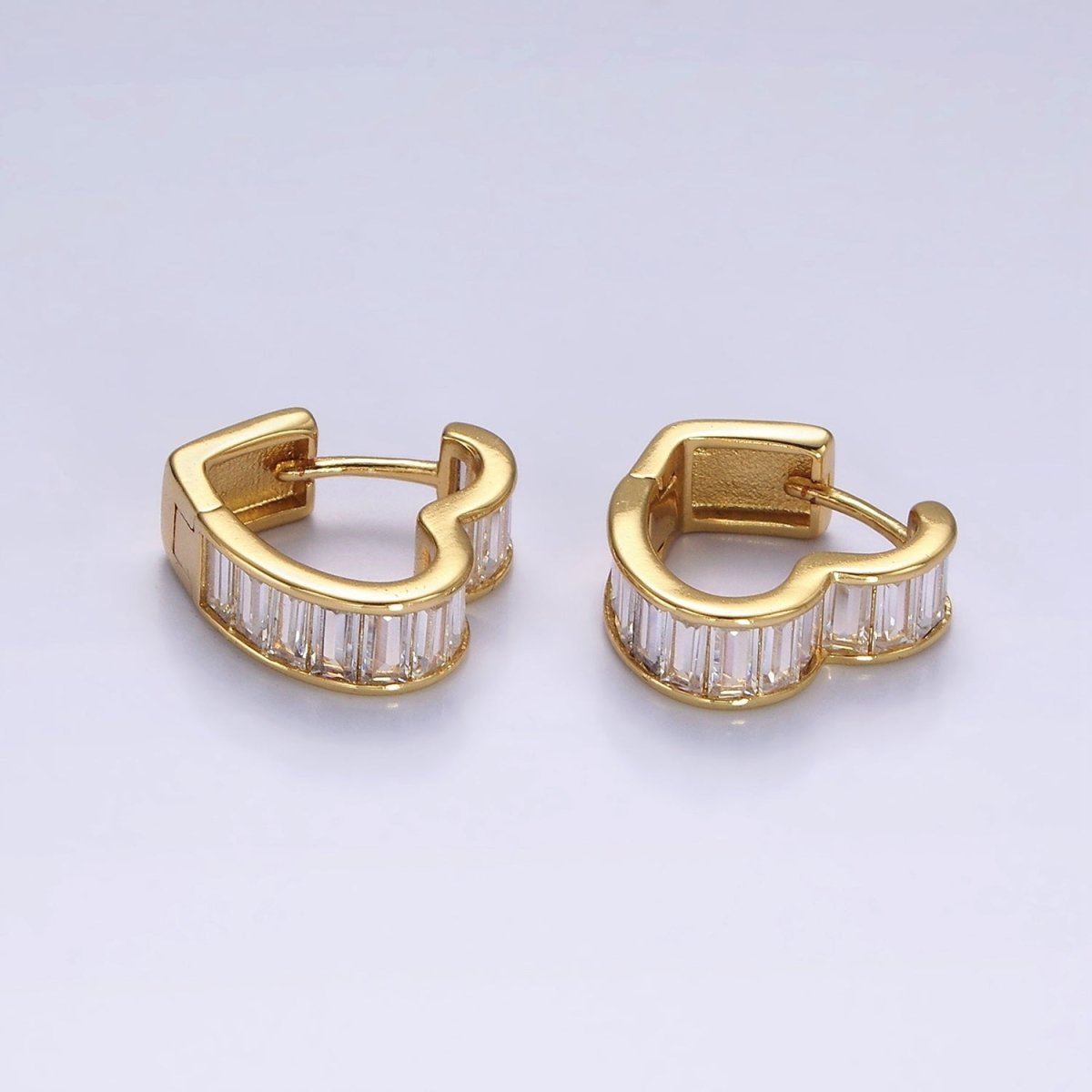 14K Gold Filled 15mm Clear Baguette Lined Heart Huggie Earrings