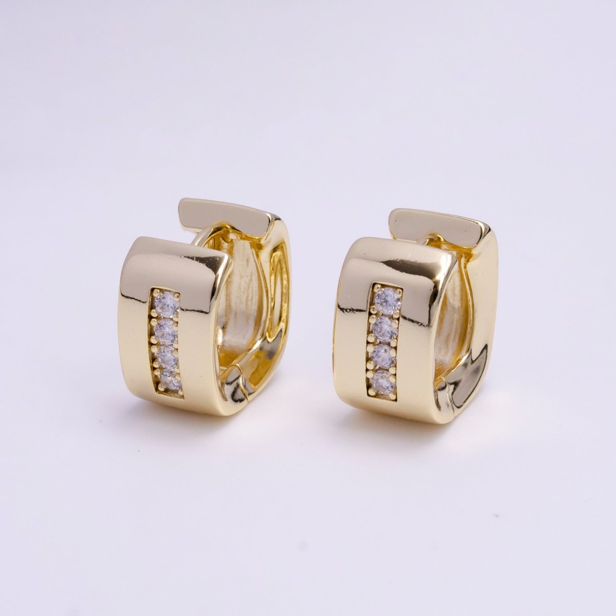 14K Gold Filled 15mm Clear CZ Lined Curve-Edged Wide Square Hoop Earrings