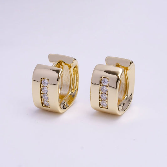 14K Gold Filled 15mm Clear CZ Lined Curve-Edged Wide Square Hoop Earrings