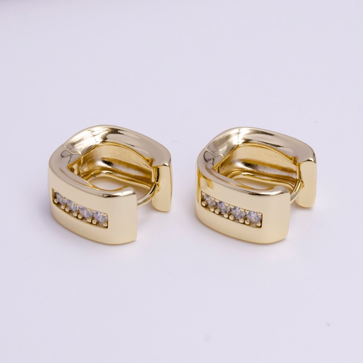 14K Gold Filled 15mm Clear CZ Lined Curve-Edged Wide Square Hoop Earrings