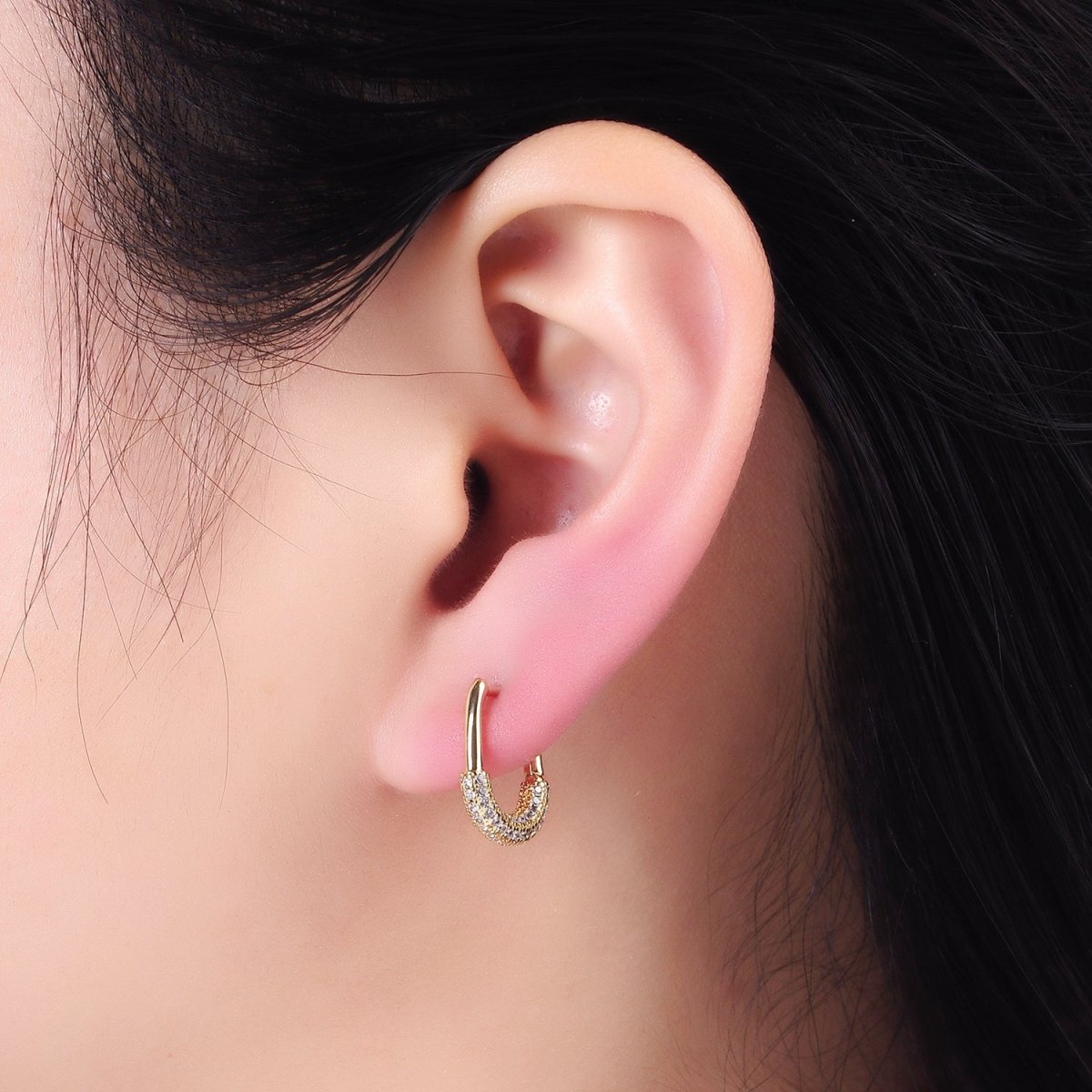Minimalist 14K Gold Filled 15mm Micro Paved CZ Oblong Hoop Earrings