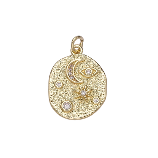 14K Gold Filled 20mm Evil Eye Celestial Crescent Moon Star Hammered Oval Charm