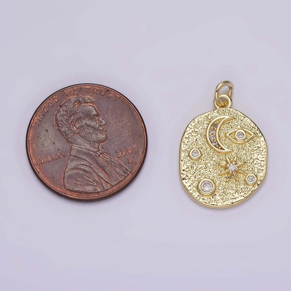 14K Gold Filled 20mm Evil Eye Celestial Crescent Moon Star Hammered Oval Charm