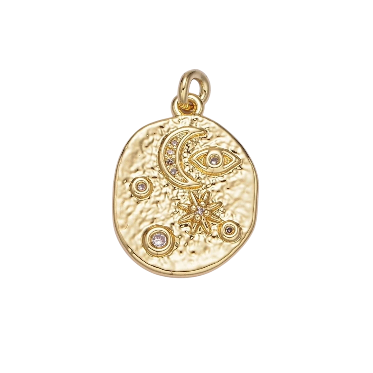 14K Gold Filled 20mm Evil Eye Celestial Crescent Moon Star Textured Oval Charm