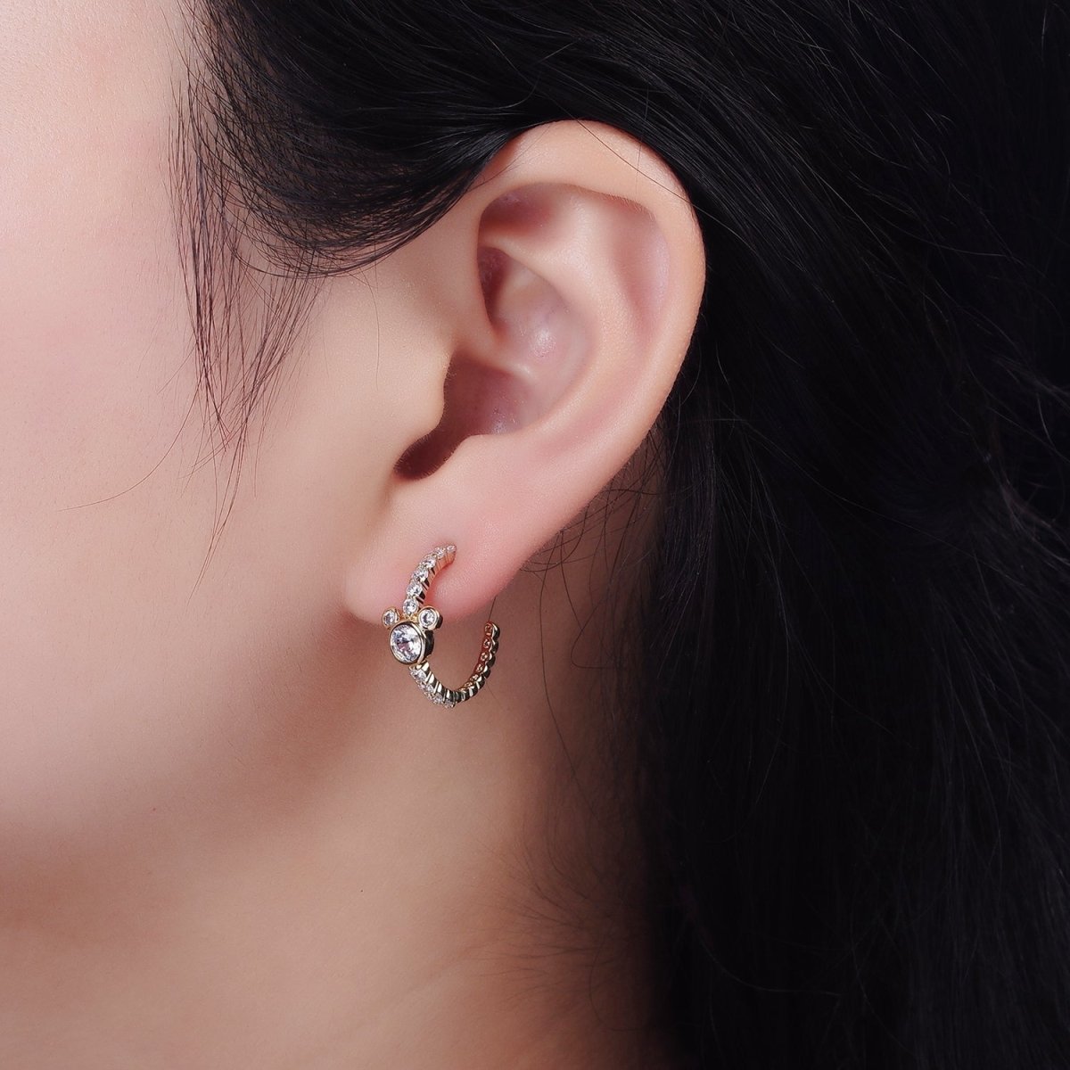 Sweet 14K Gold Filled 20mm Mouse Triple Clear CZ Micro Pave C-Shaped Hoop Earrings in Silver & Gold
