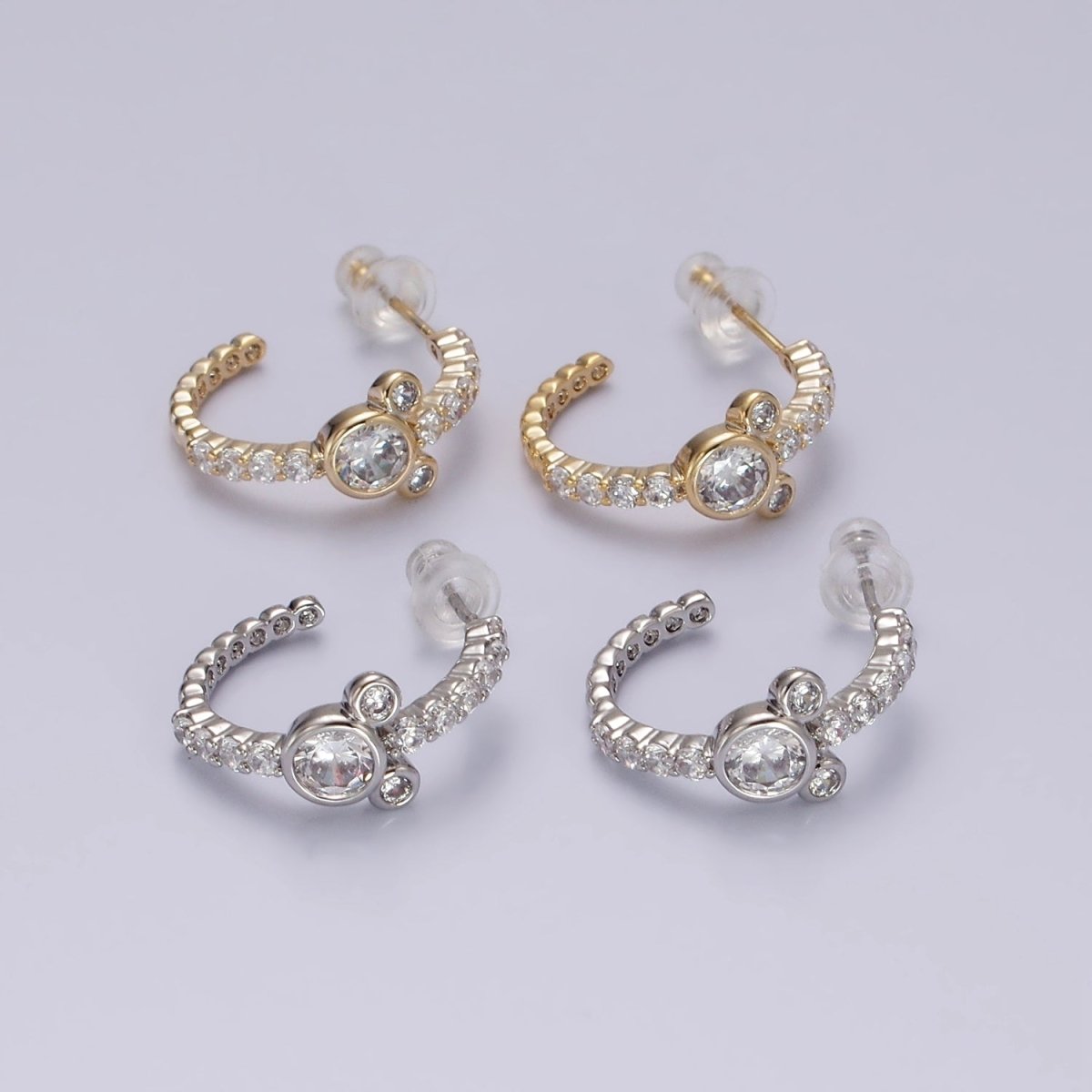 Sweet 14K Gold Filled 20mm Mouse Triple Clear CZ Micro Pave C-Shaped Hoop Earrings in Silver & Gold