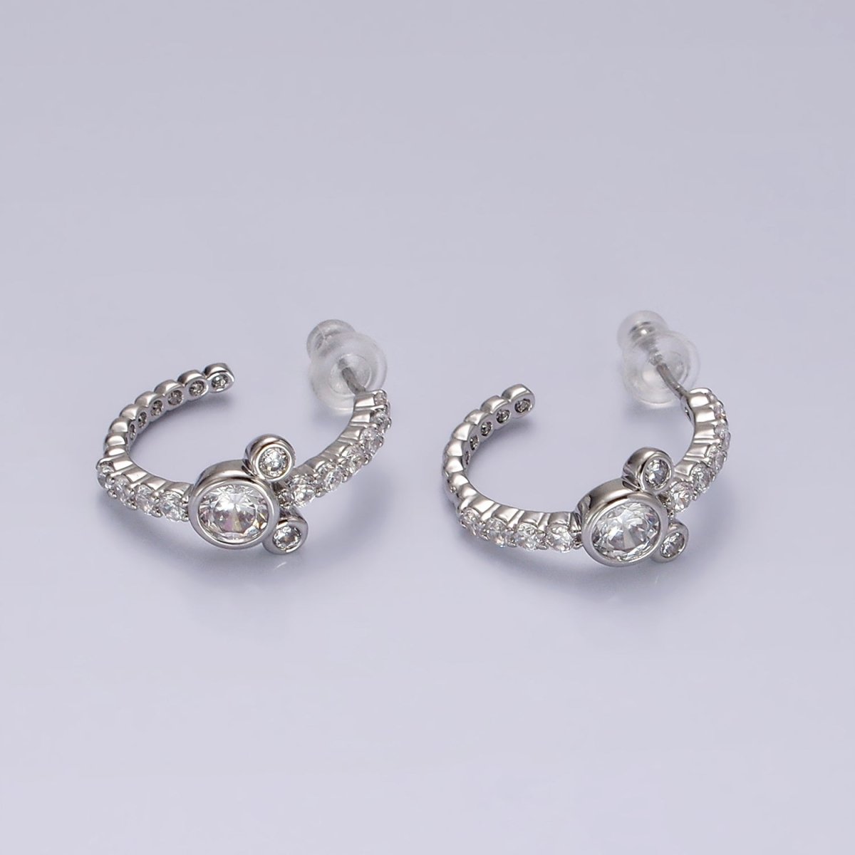 Sweet 14K Gold Filled 20mm Mouse Triple Clear CZ Micro Pave C-Shaped Hoop Earrings in Silver & Gold