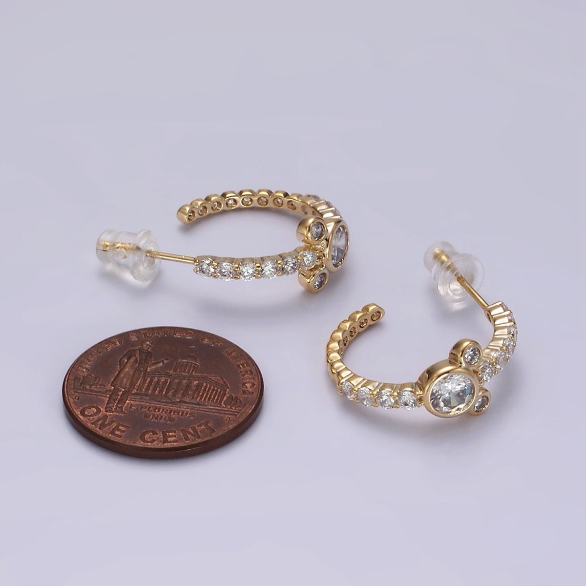 Sweet 14K Gold Filled 20mm Mouse Triple Clear CZ Micro Pave C-Shaped Hoop Earrings in Silver & Gold