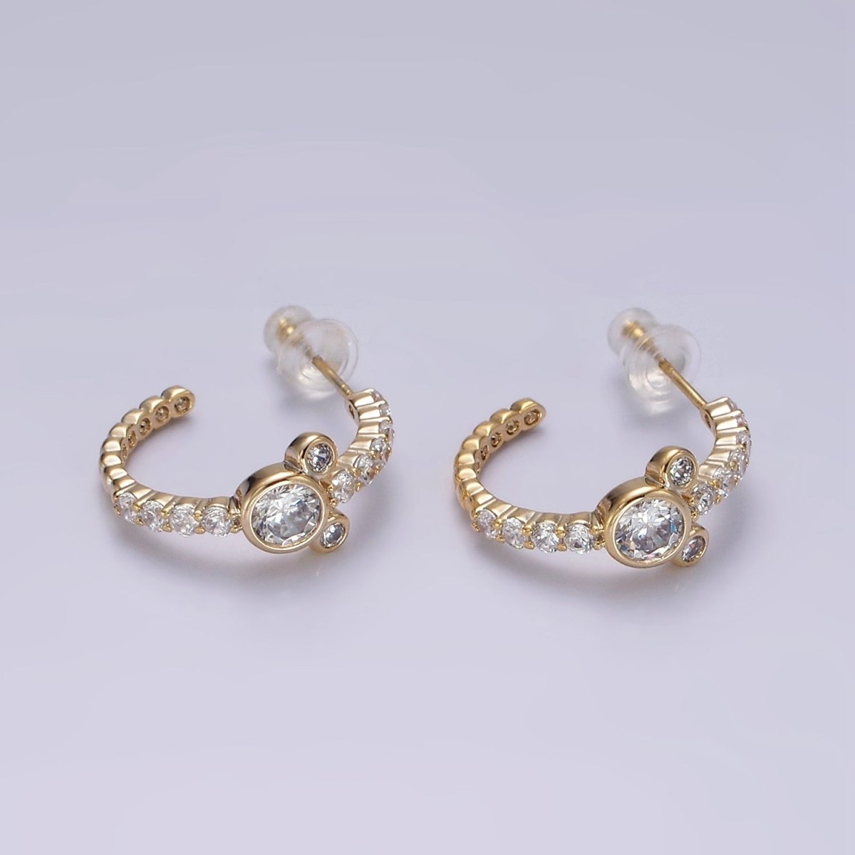 Sweet 14K Gold Filled 20mm Mouse Triple Clear CZ Micro Pave C-Shaped Hoop Earrings in Silver & Gold