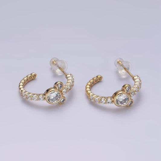 Sweet 14K Gold Filled 20mm Mouse Triple Clear CZ Micro Pave C-Shaped Hoop Earrings in Silver & Gold