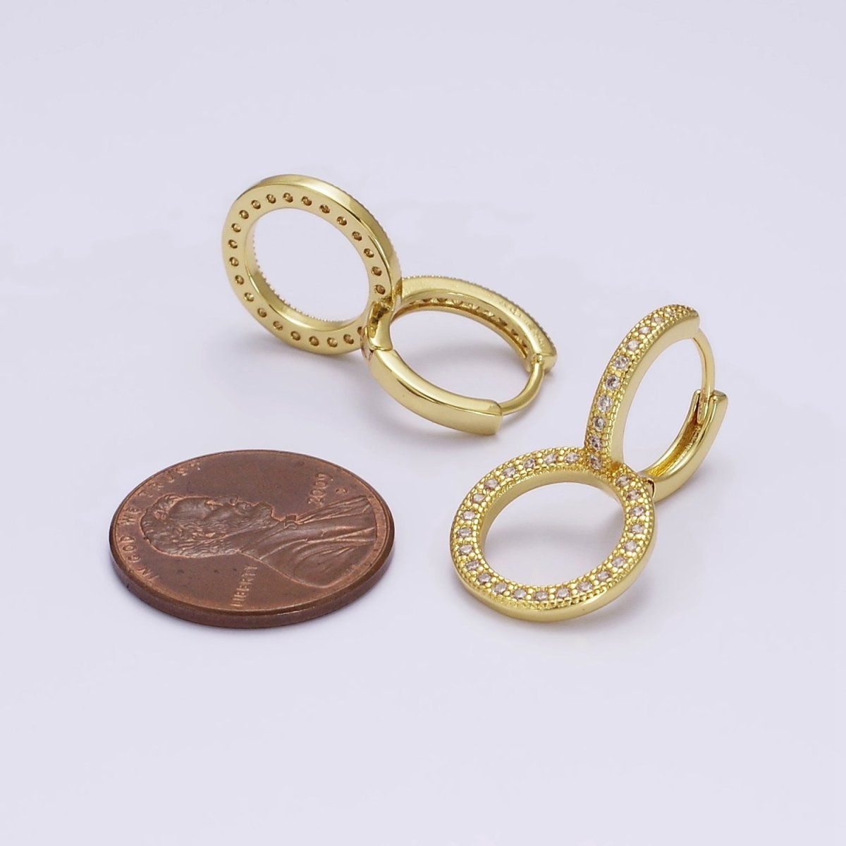 Simple 14K Gold Filled 25mm Clear Micro Paved CZ Double Circle Drop Huggie Earrings