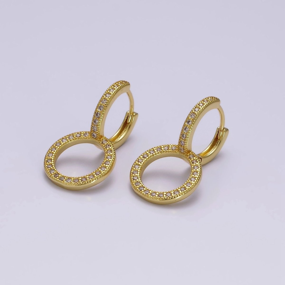 Simple 14K Gold Filled 25mm Clear Micro Paved CZ Double Circle Drop Huggie Earrings