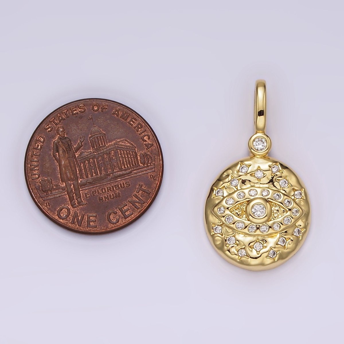 Gold-Filled 26mm Evil Eye Protection Celestial Star Hammered Round Drop CZ Pendant
