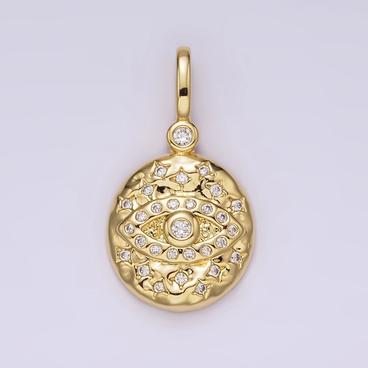 Gold-Filled 26mm Evil Eye Protection Celestial Star Hammered Round Drop CZ Pendant