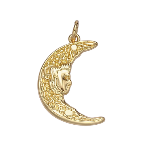 14K Gold Filled 25mm Hammered Celestial Crescent Moon Face Charm