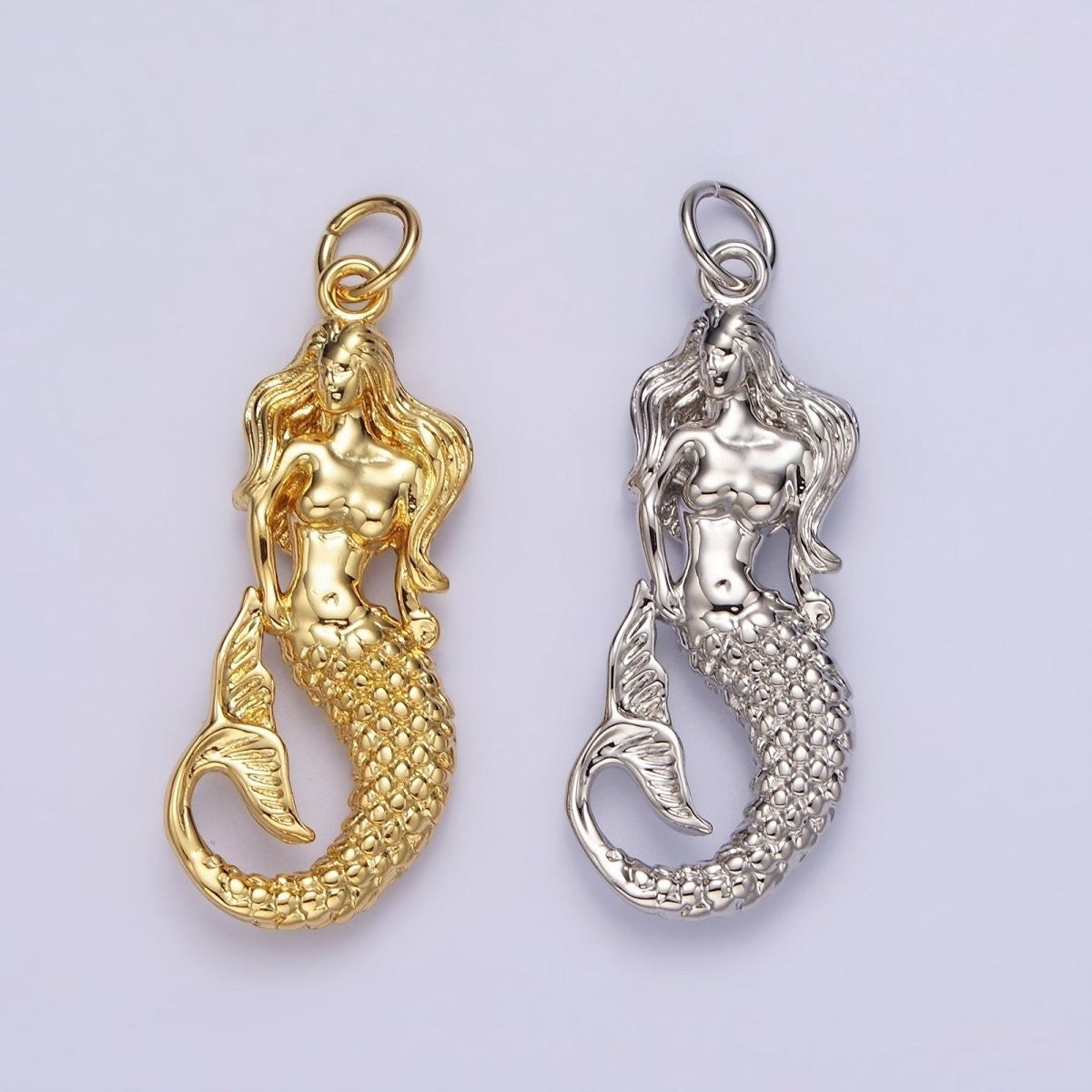 14K Gold Filled 30mm x 11mm Ocean Sea Mermaid Textured Charm in Gold or Silver
