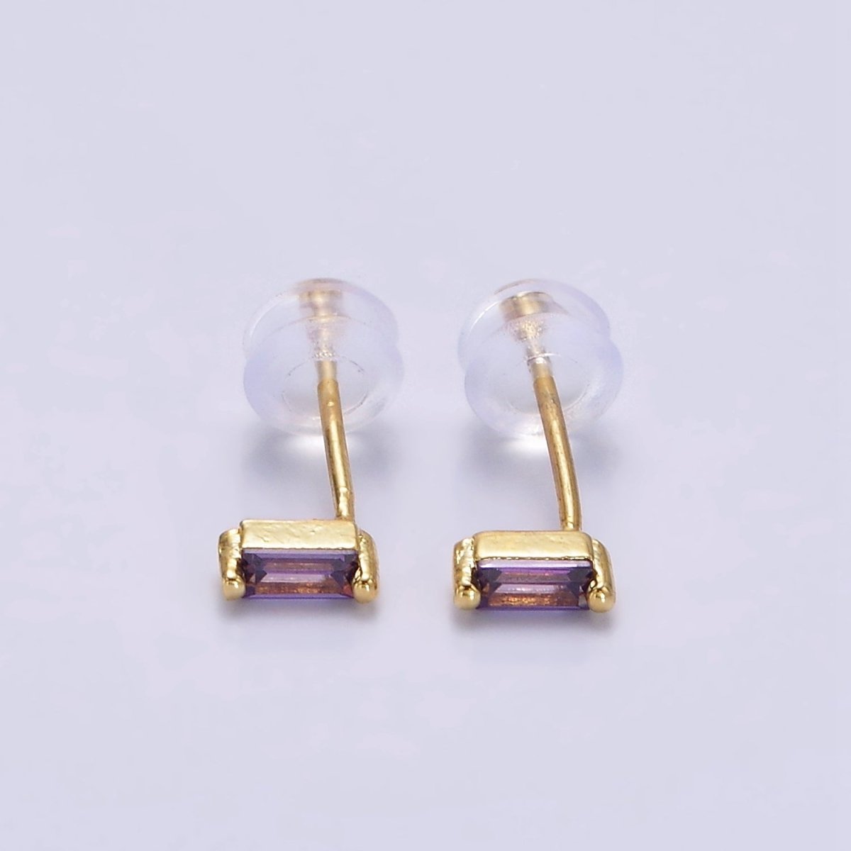 Tiny 14K Gold-Filled 5mm Green, Purple, Fuchsia, Clear, Pink, Blue Minimalist CZ Baguette Stud Earrings