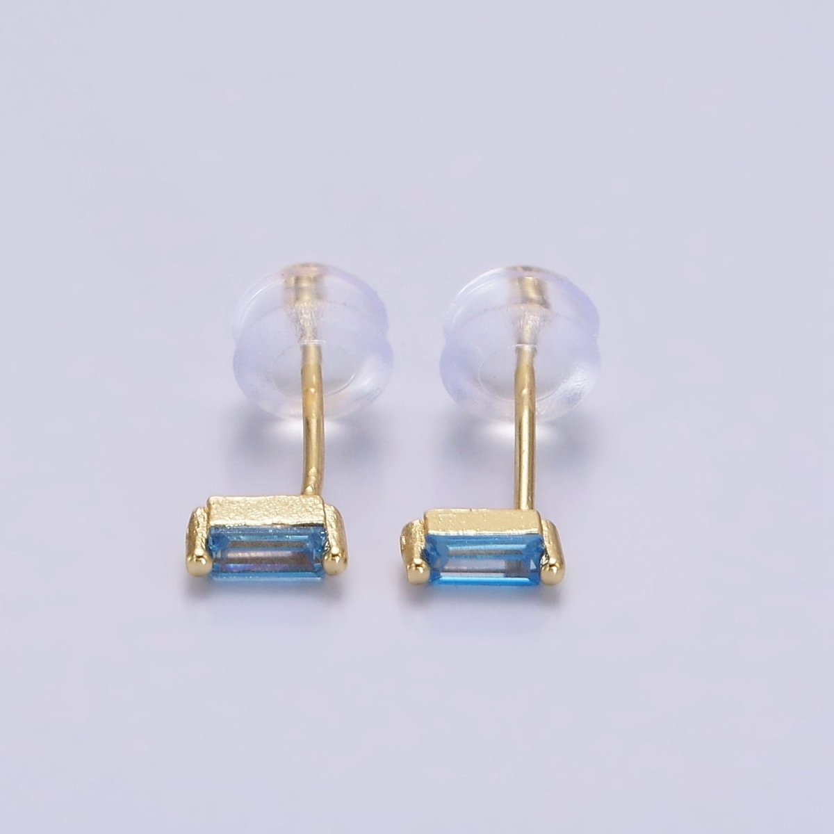 Tiny 14K Gold-Filled 5mm Green, Purple, Fuchsia, Clear, Pink, Blue Minimalist CZ Baguette Stud Earrings