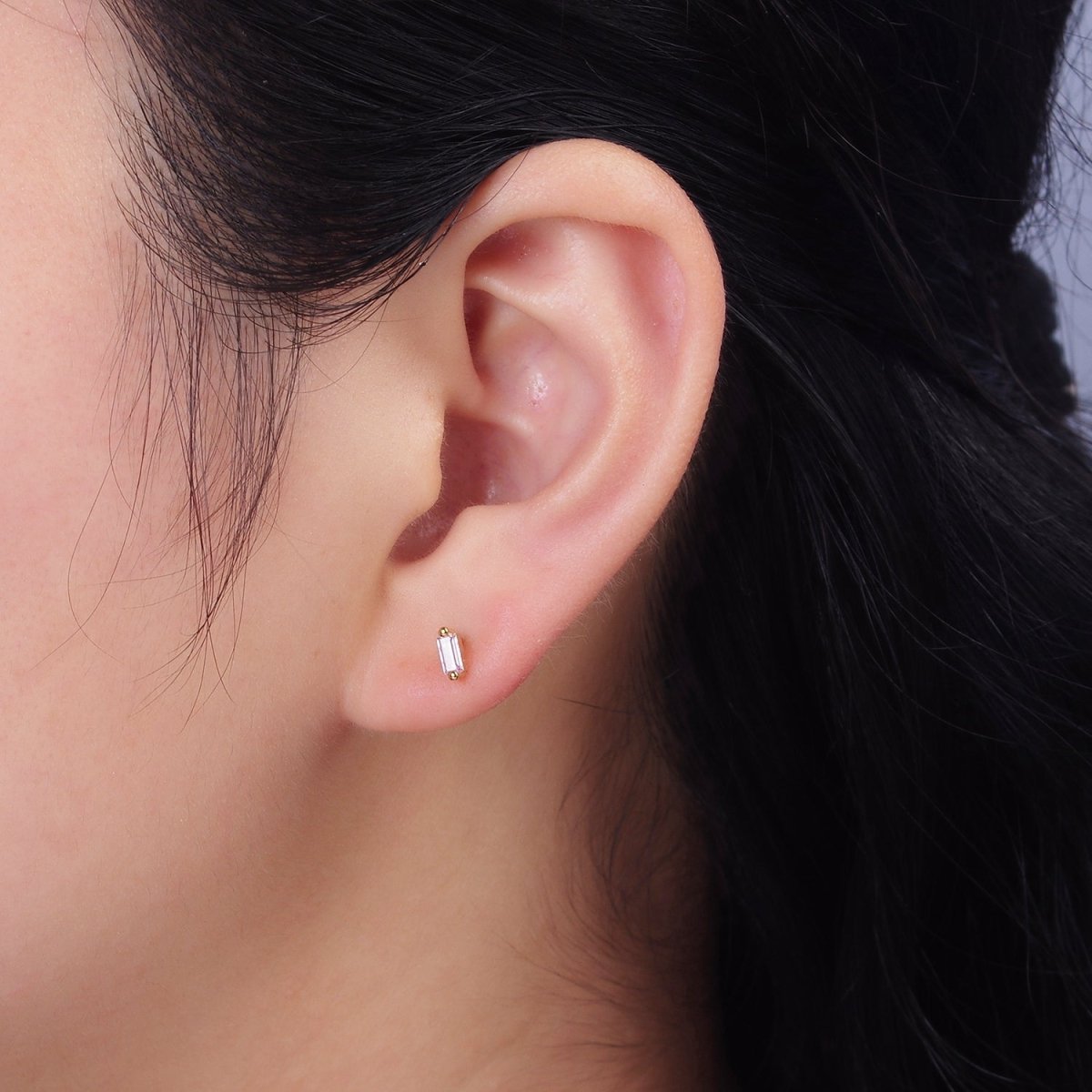 Tiny 14K Gold-Filled 5mm Green, Purple, Fuchsia, Clear, Pink, Blue Minimalist CZ Baguette Stud Earrings