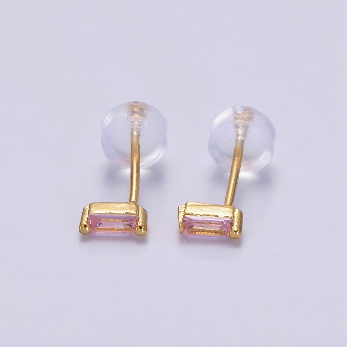 Tiny 14K Gold-Filled 5mm Green, Purple, Fuchsia, Clear, Pink, Blue Minimalist CZ Baguette Stud Earrings
