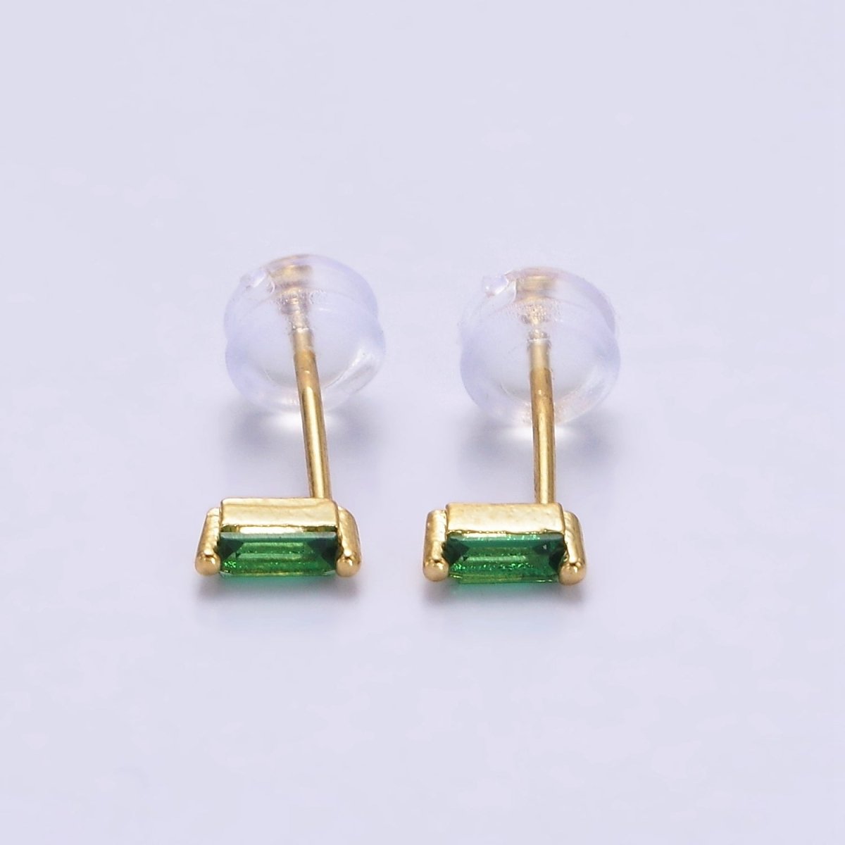 Tiny 14K Gold-Filled 5mm Green, Purple, Fuchsia, Clear, Pink, Blue Minimalist CZ Baguette Stud Earrings