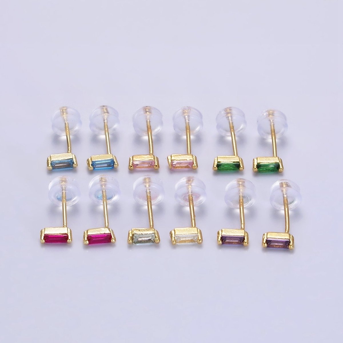 Tiny 14K Gold-Filled 5mm Green, Purple, Fuchsia, Clear, Pink, Blue Minimalist CZ Baguette Stud Earrings