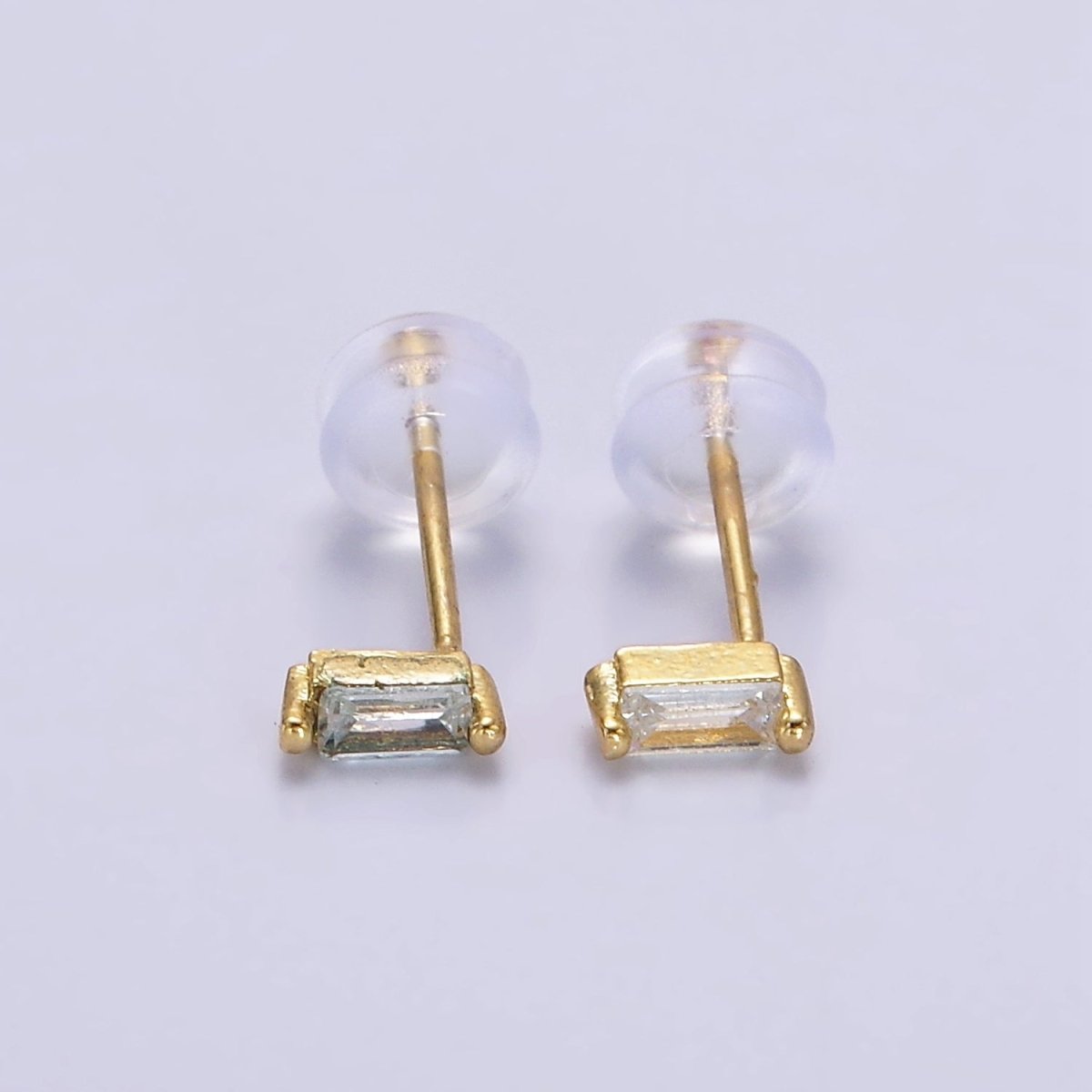 Tiny 14K Gold-Filled 5mm Green, Purple, Fuchsia, Clear, Pink, Blue Minimalist CZ Baguette Stud Earrings