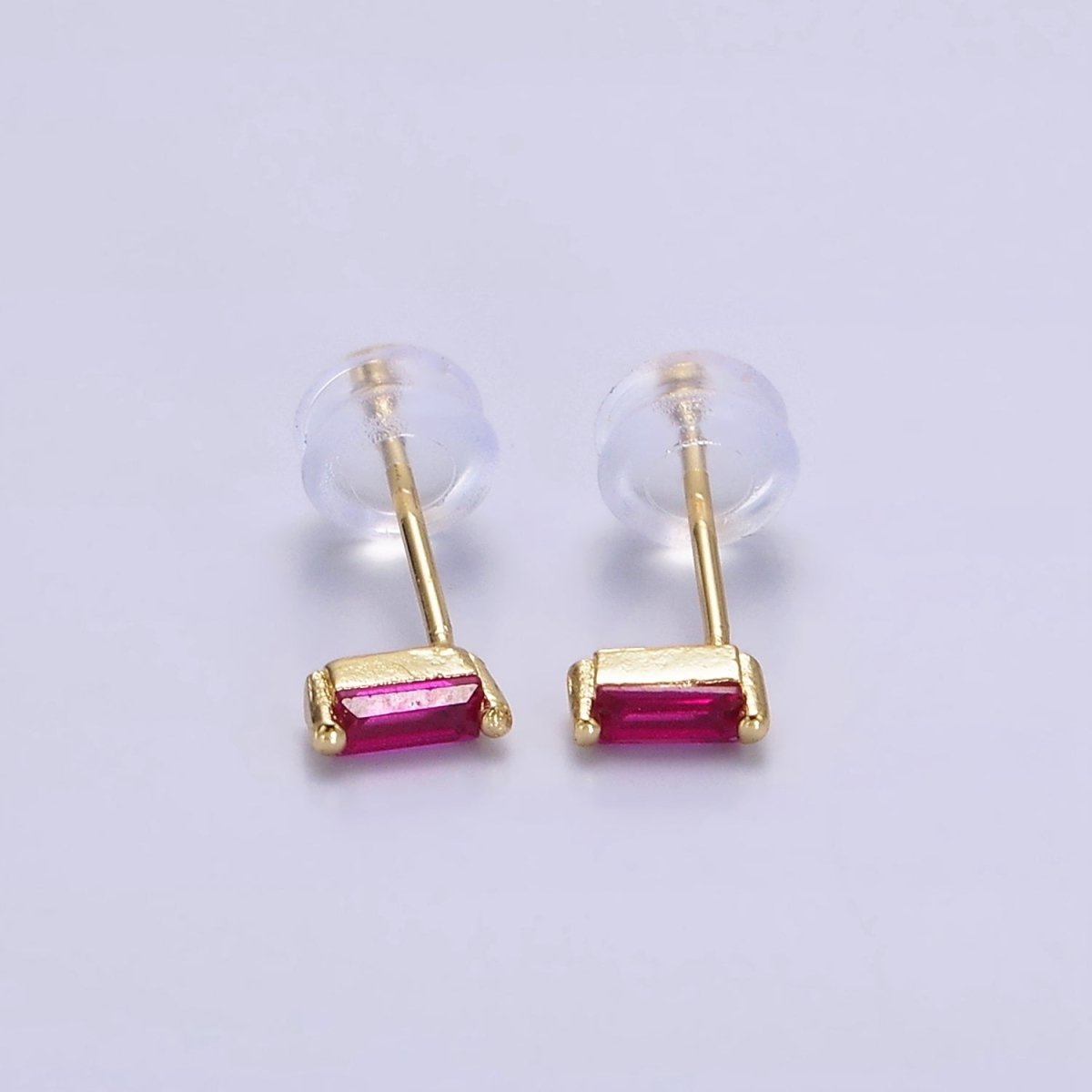 Tiny 14K Gold-Filled 5mm Green, Purple, Fuchsia, Clear, Pink, Blue Minimalist CZ Baguette Stud Earrings