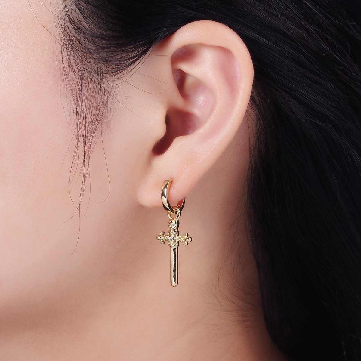 14K Gold Filled Artisan Fleury Cross Sword CZ Drop Huggie Earrings